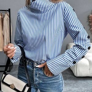 Striped Blue Button-Detail Women's Top